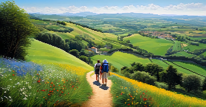 A group of diverse pilgrims walking along the Camino de Santiago, surrounded by green fields and wildflowers under a sunny sky.