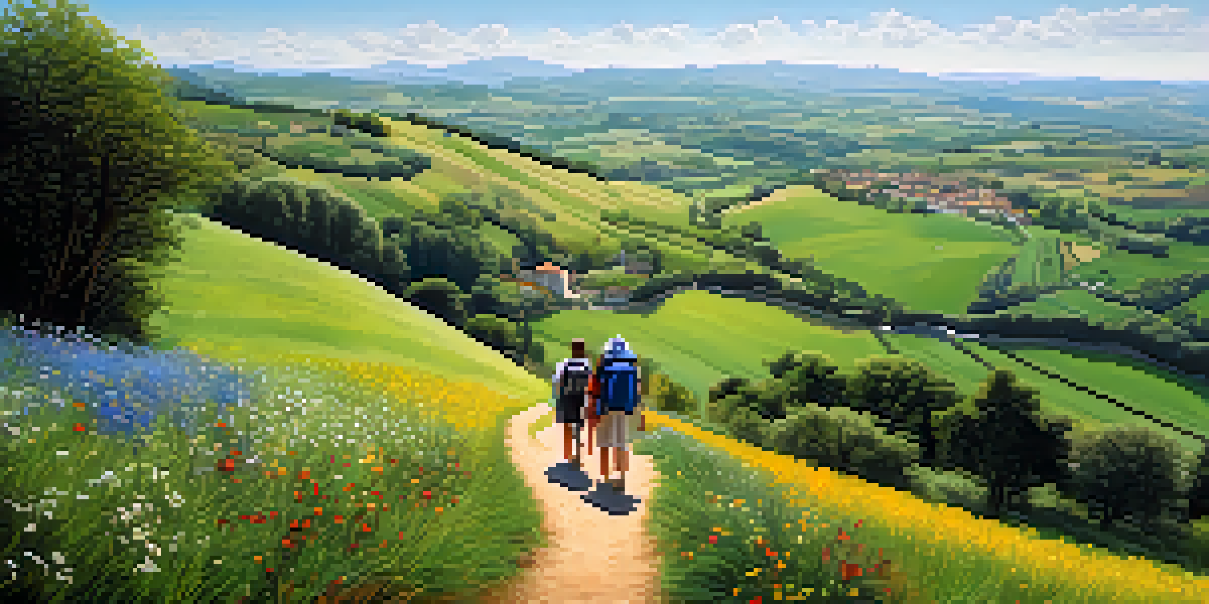 A group of diverse pilgrims walking along the Camino de Santiago, surrounded by green fields and wildflowers under a sunny sky.