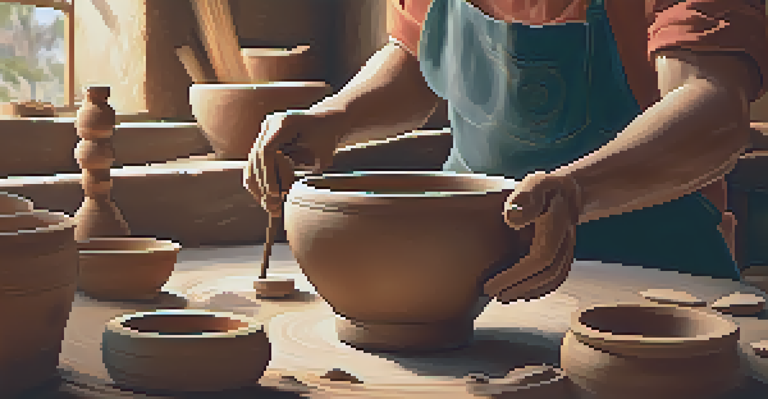 Artisans shaping clay on a potter's wheel during a pottery workshop, with finished pieces displayed around.