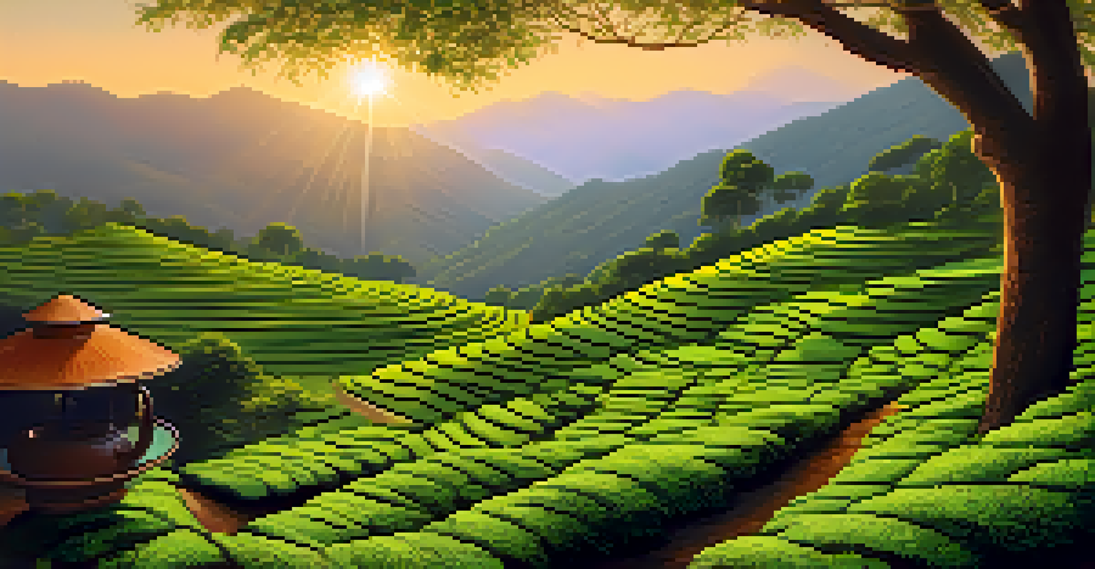 A serene tea garden in Munnar, Kerala, with rolling hills, waterfalls, and warm golden hour light illuminating the lush landscape.