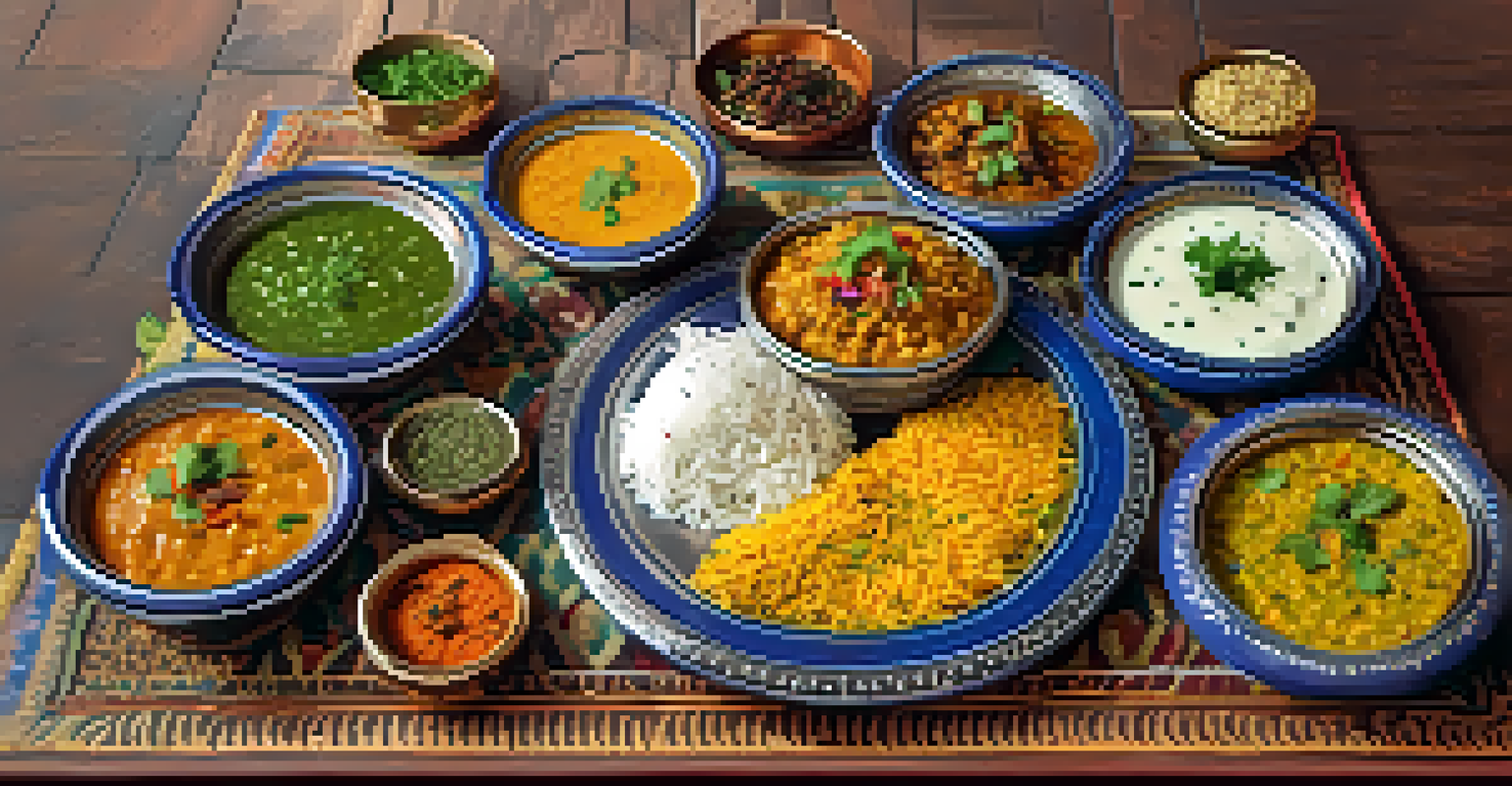 A plate of Indian dishes including biryani and dal, surrounded by bowls of spices and traditional tableware.