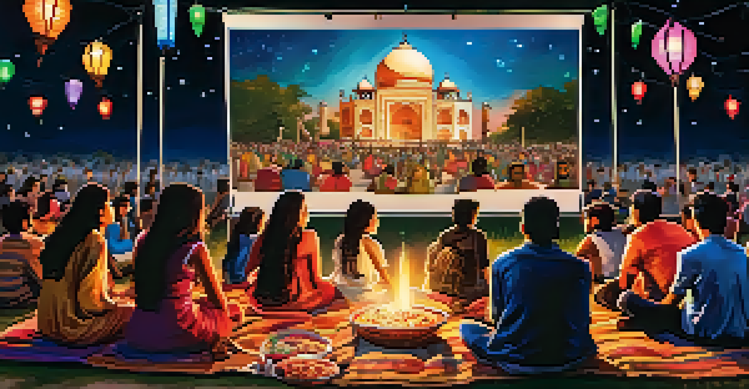 An outdoor Indian film screening with a large movie screen, where diverse audiences enjoy a Bollywood film under the night sky.