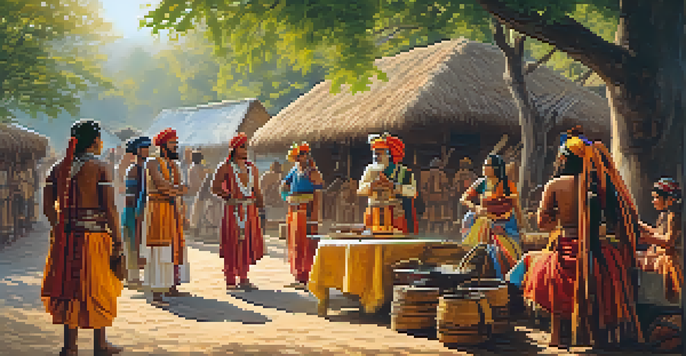A colorful Indian historical reenactment scene with participants in traditional costumes, set in a rustic village with handmade crafts and warm sunlight.