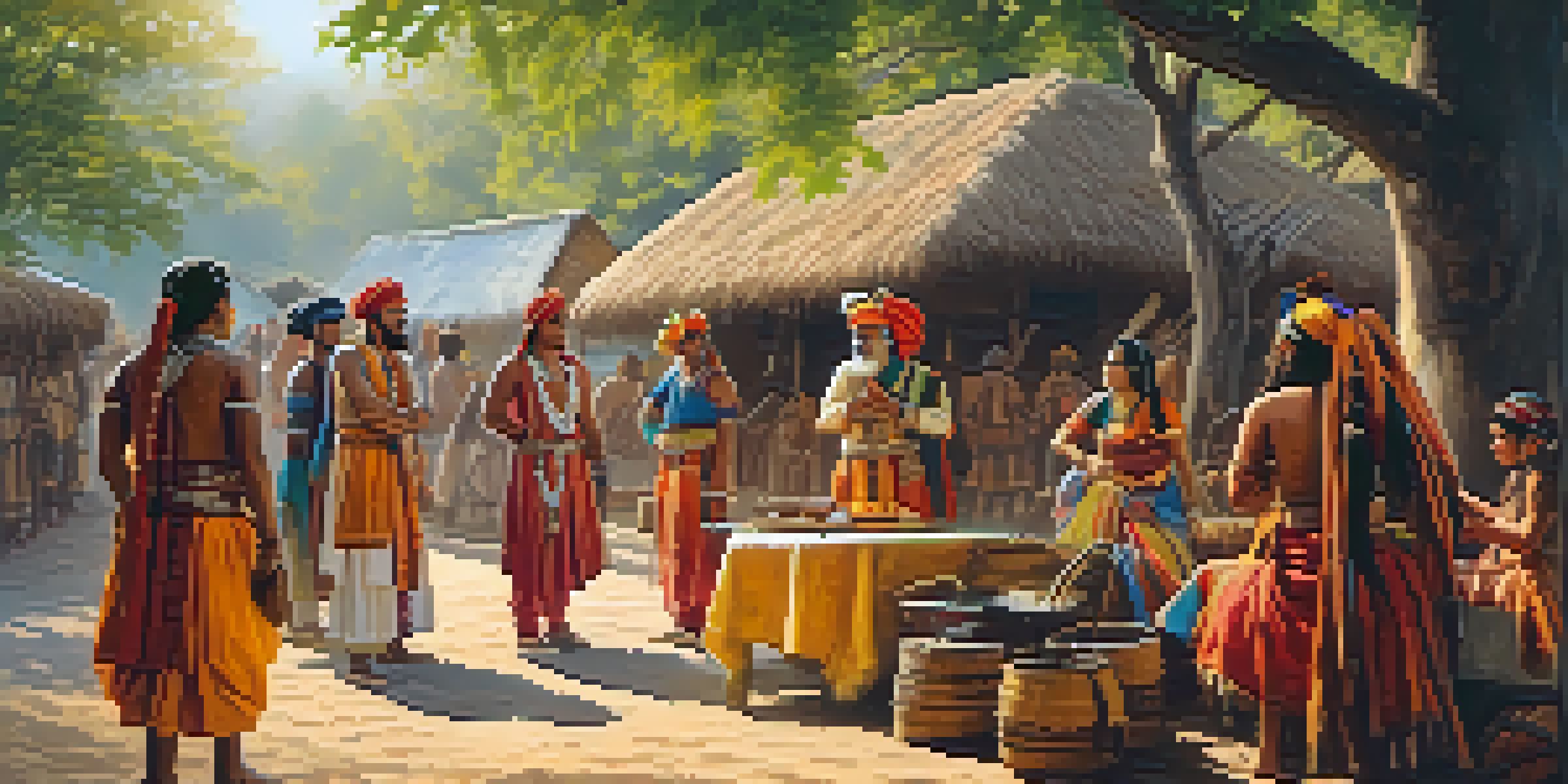 A colorful Indian historical reenactment scene with participants in traditional costumes, set in a rustic village with handmade crafts and warm sunlight.