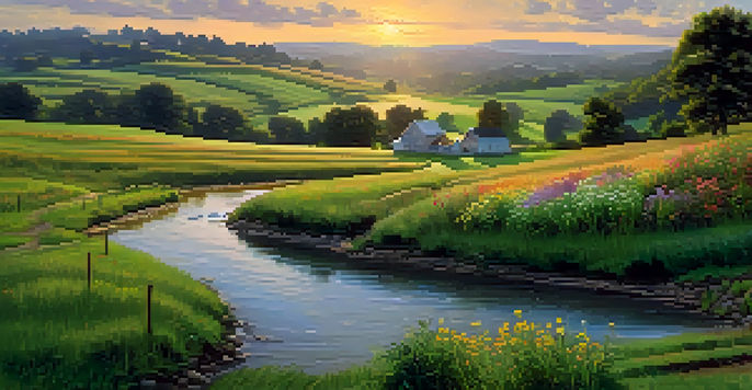A peaceful countryside scene with rolling hills, wildflowers, a brook, and a farmhouse at sunrise.