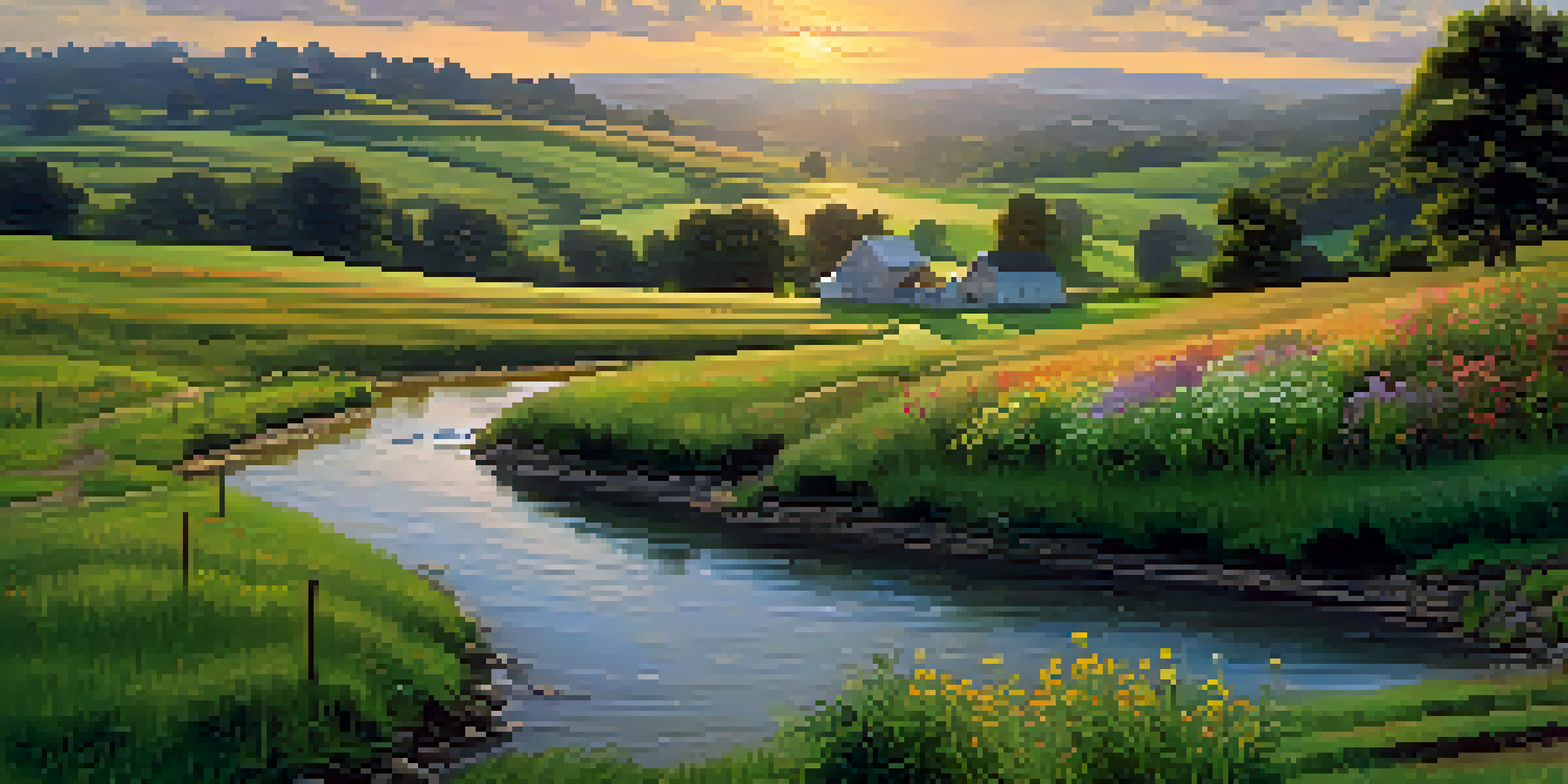 A peaceful countryside scene with rolling hills, wildflowers, a brook, and a farmhouse at sunrise.