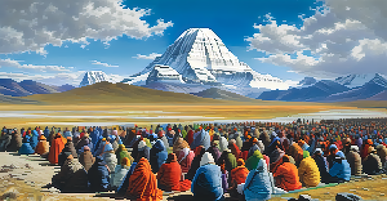 Pilgrims walking around Mount Kailash, surrounded by magnificent Himalayan scenery under a blue sky, showcasing their spiritual pilgrimage.