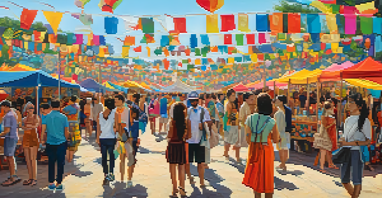 A collage of traditional and contemporary artworks displayed at a festival, with attendees exploring the diverse art forms.