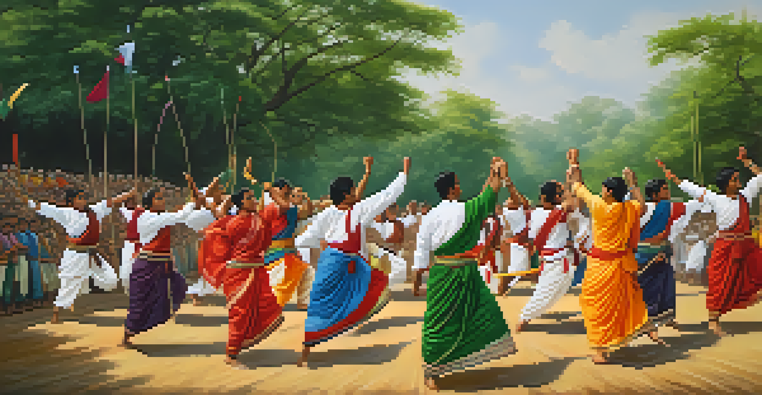 A group of diverse athletes practicing Mallakhamb with colorful attire in a green park.