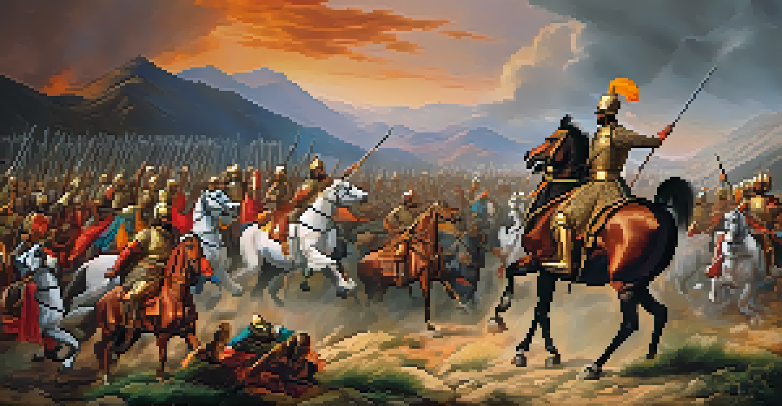Maharana Pratap on horseback leading troops in the Battle of Haldighati against the Mughal forces in a mountainous landscape.