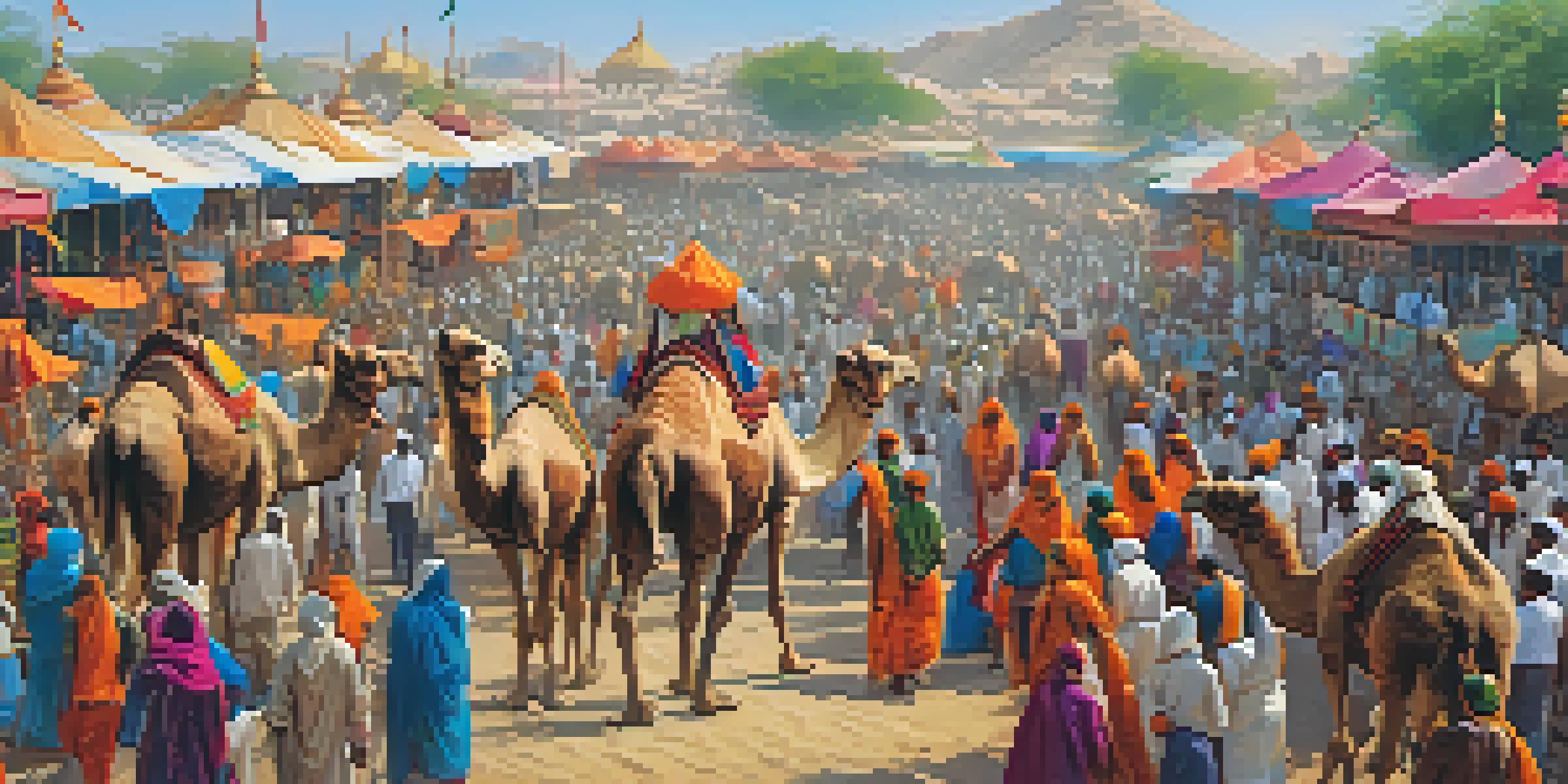 A lively Pushkar Camel Fair with colorful camels, market stalls, and people in traditional attire under a clear blue sky.