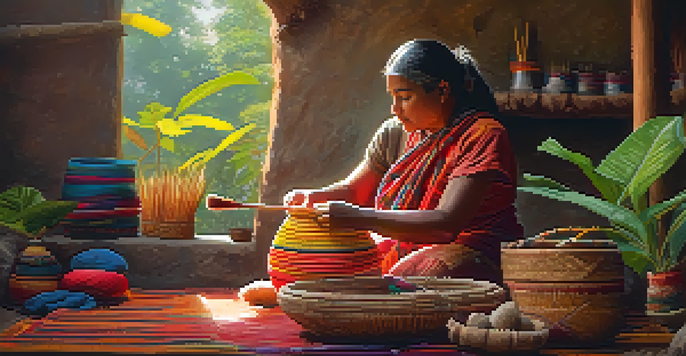 An Indigenous artisan weaving a basket in a bright, natural setting, surrounded by colorful textiles and greenery.