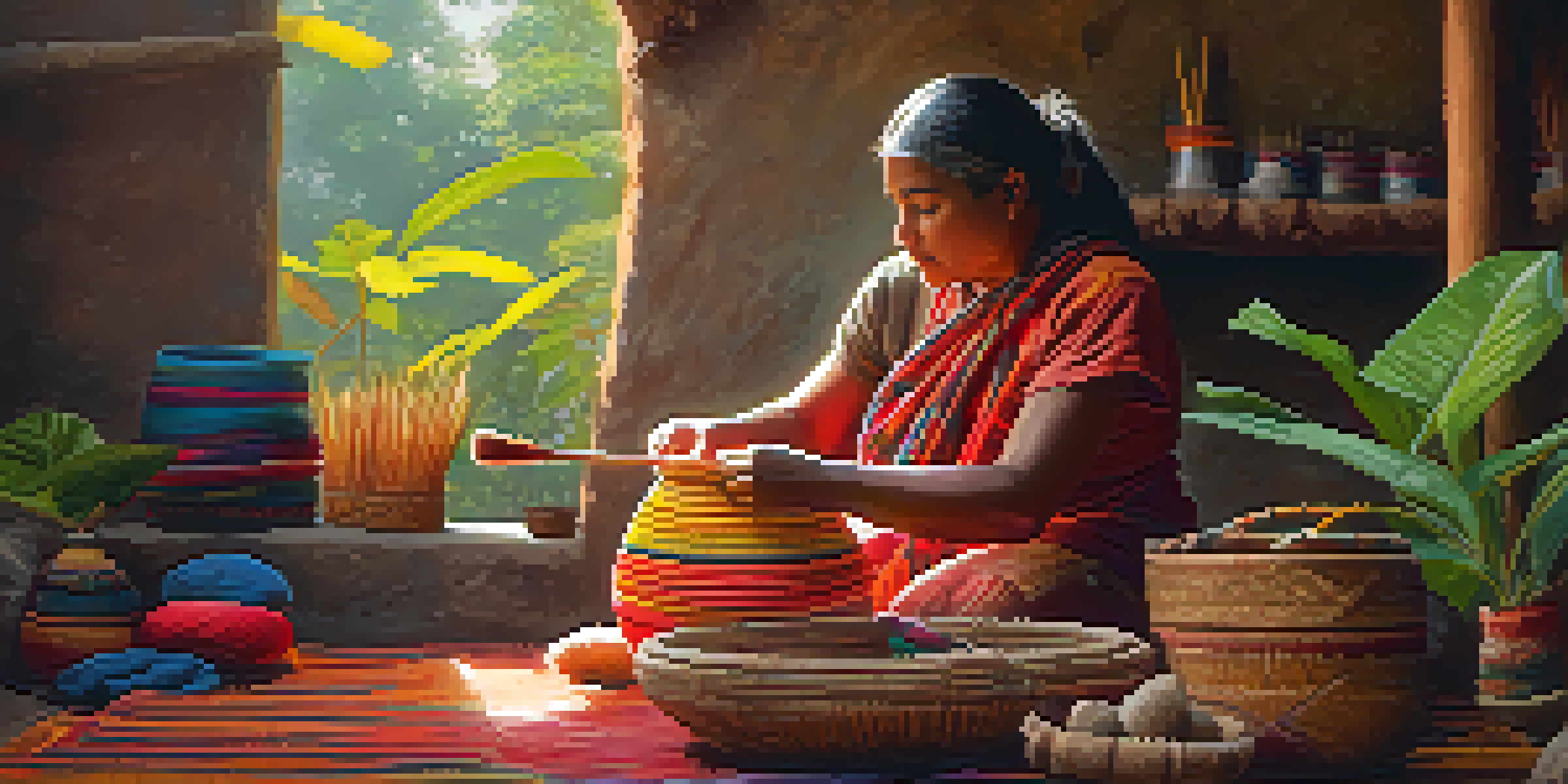 An Indigenous artisan weaving a basket in a bright, natural setting, surrounded by colorful textiles and greenery.