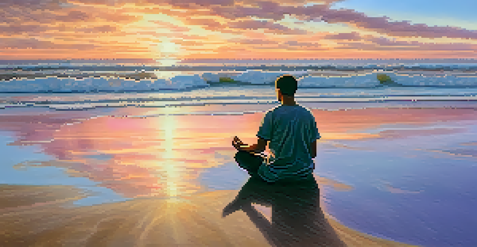 A person meditating on the beach at sunset, with gentle waves and colorful clouds reflecting in the water.