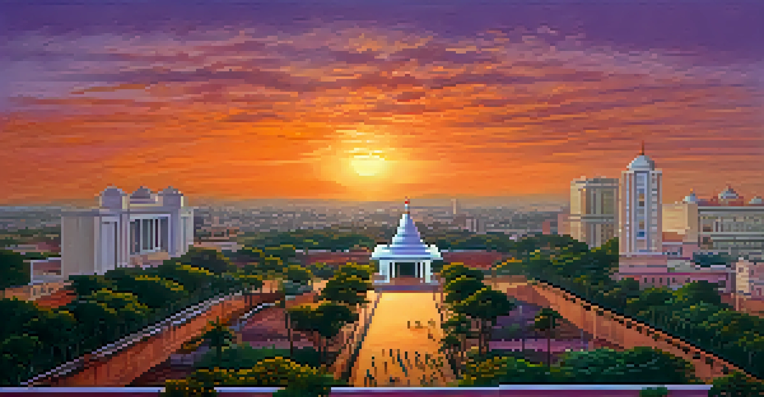 A panoramic view of Chennai's skyline at sunset, showing modern buildings alongside traditional temple architecture.