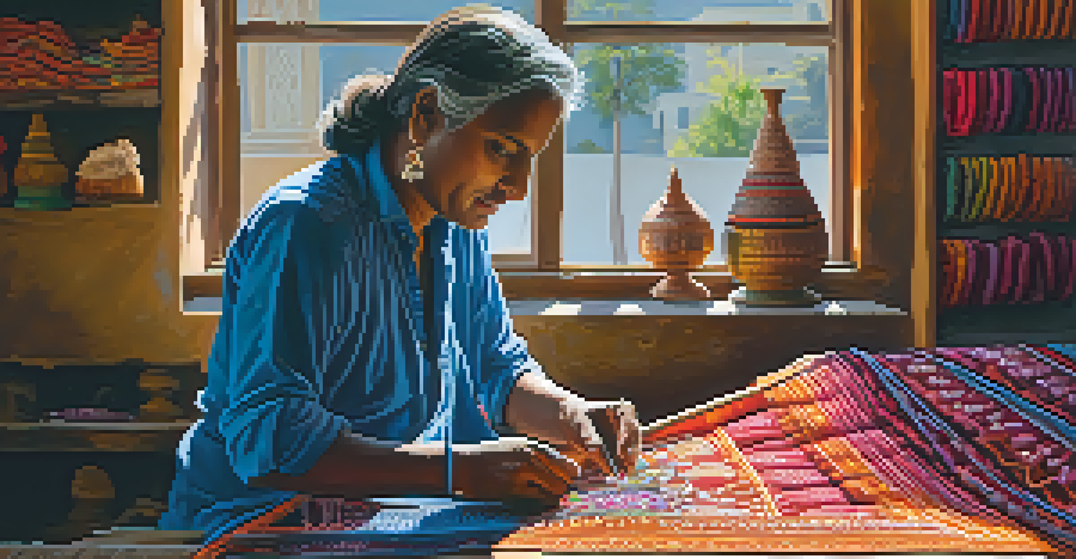 Artisan embroidering in a sunlit workshop, surrounded by colorful threads and fabrics, showcasing the craft of Indian embroidery.