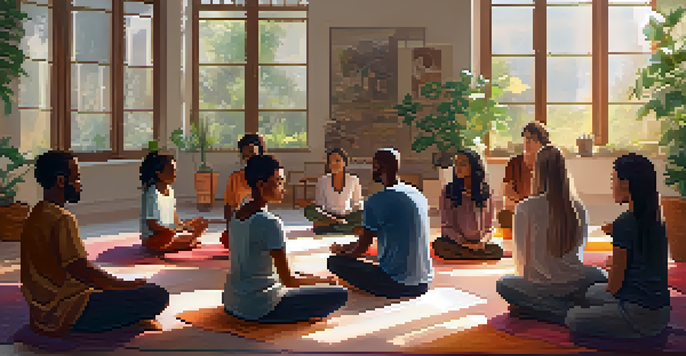 A diverse group of participants meditating in a bright and peaceful workshop environment, with sunlight streaming through windows and colorful cushions on the floor.