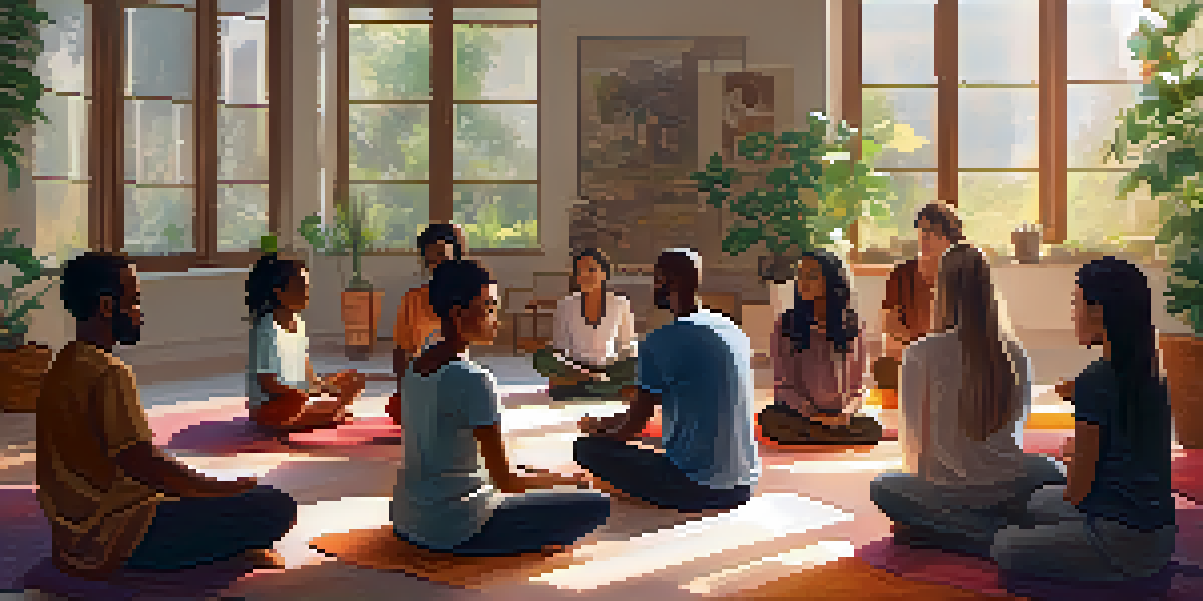 A diverse group of participants meditating in a bright and peaceful workshop environment, with sunlight streaming through windows and colorful cushions on the floor.