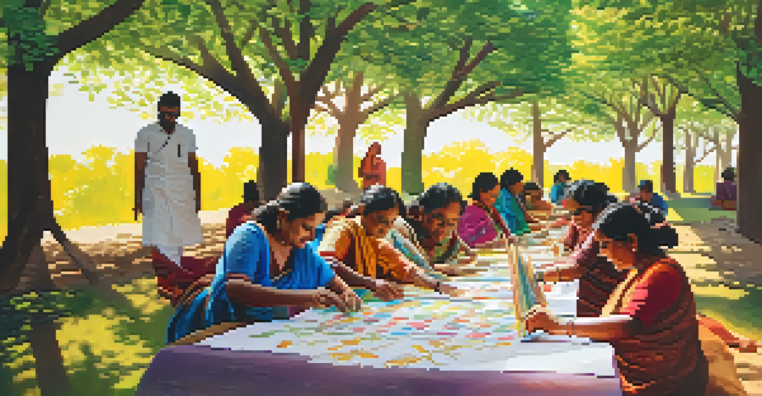 Outdoor workshop scene with participants engaged in block printing on fabric, surrounded by greenery and sunlight filtering through trees.