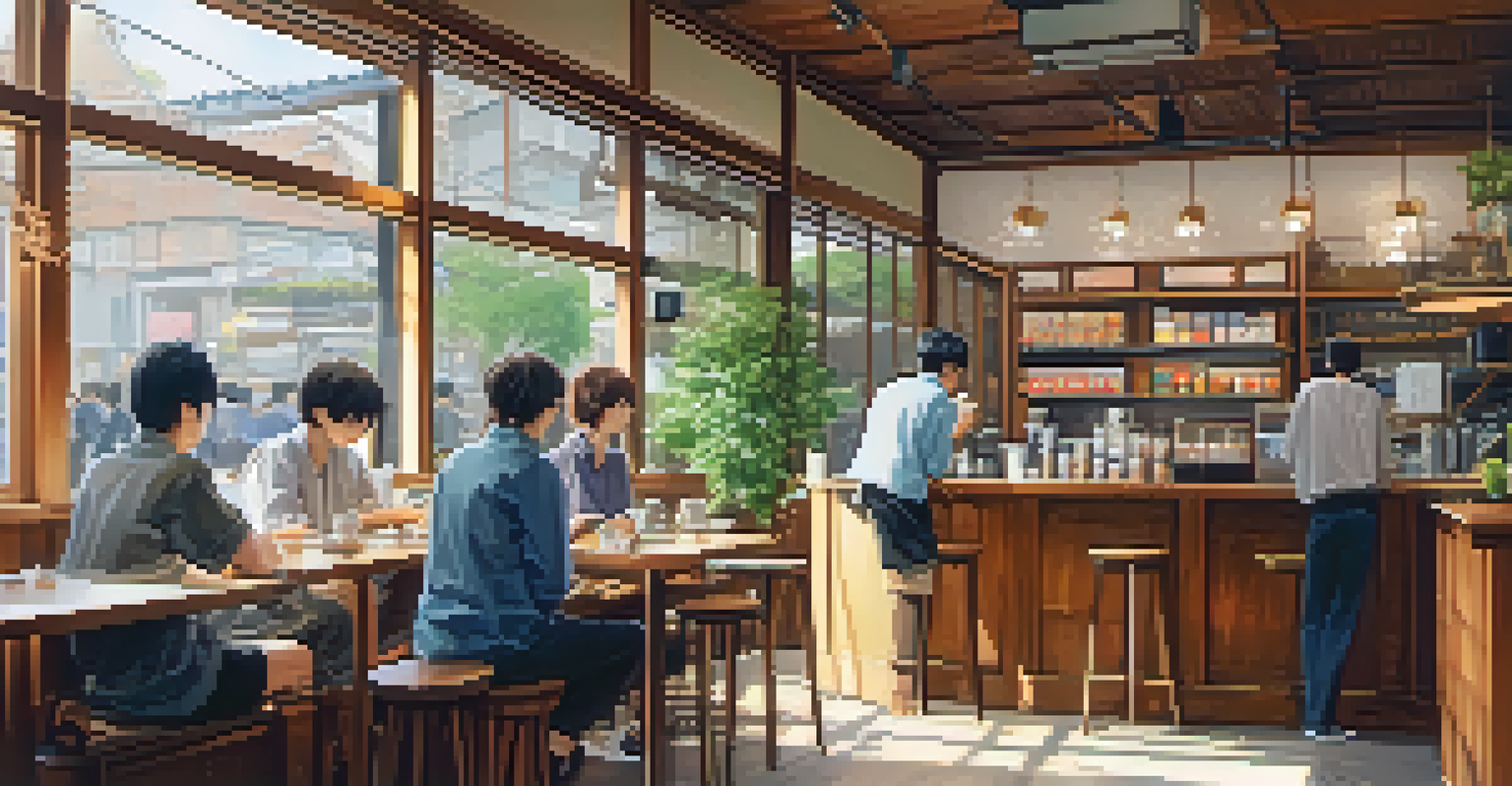 A cozy Tokyo coffee shop with friends practicing Japanese, surrounded by traditional decor and natural light.