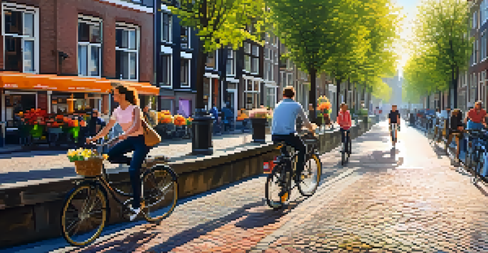A colorful view of cyclists riding by Amsterdam's canals with flowers and traditional buildings, under a sunny sky.