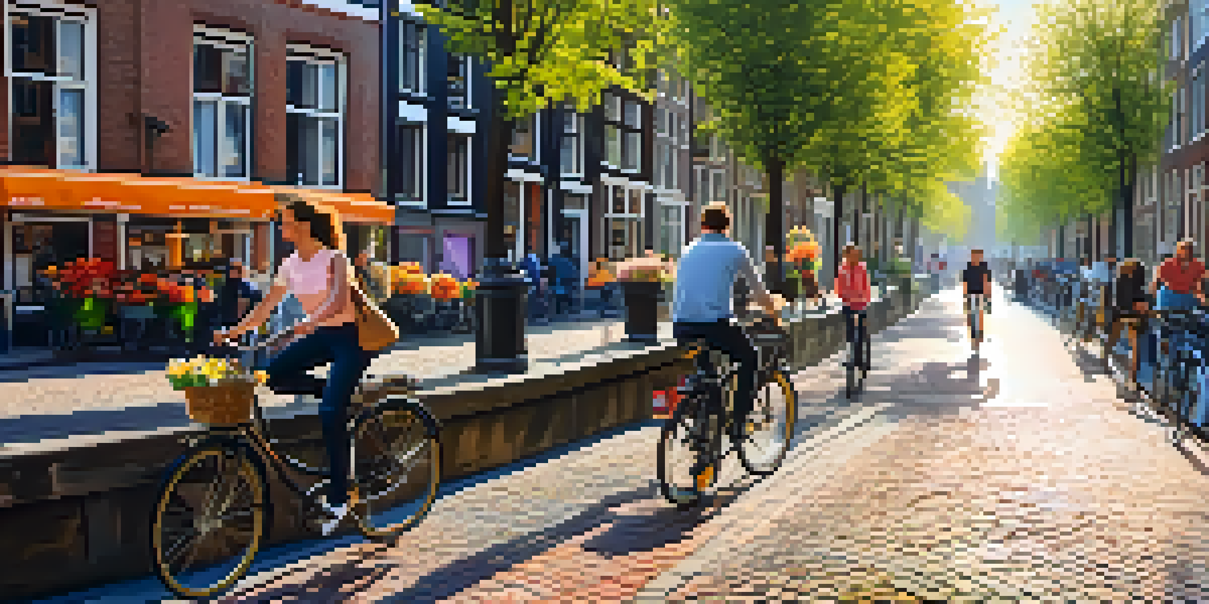 A colorful view of cyclists riding by Amsterdam's canals with flowers and traditional buildings, under a sunny sky.