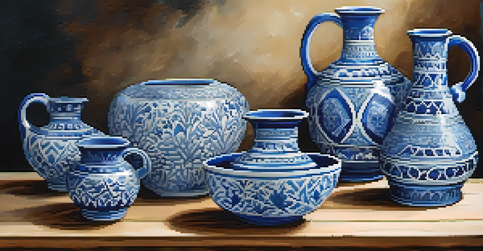 A collection of intricately designed blue pottery pieces from Jaipur, displayed on a wooden table, illuminated by natural light.