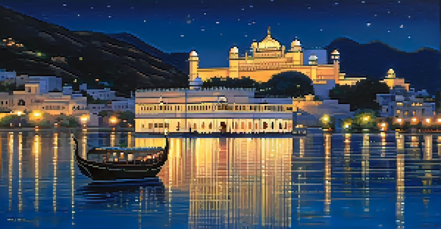 A peaceful night view of Lake Pichola with the illuminated Taj Lake Palace and reflections in the water.