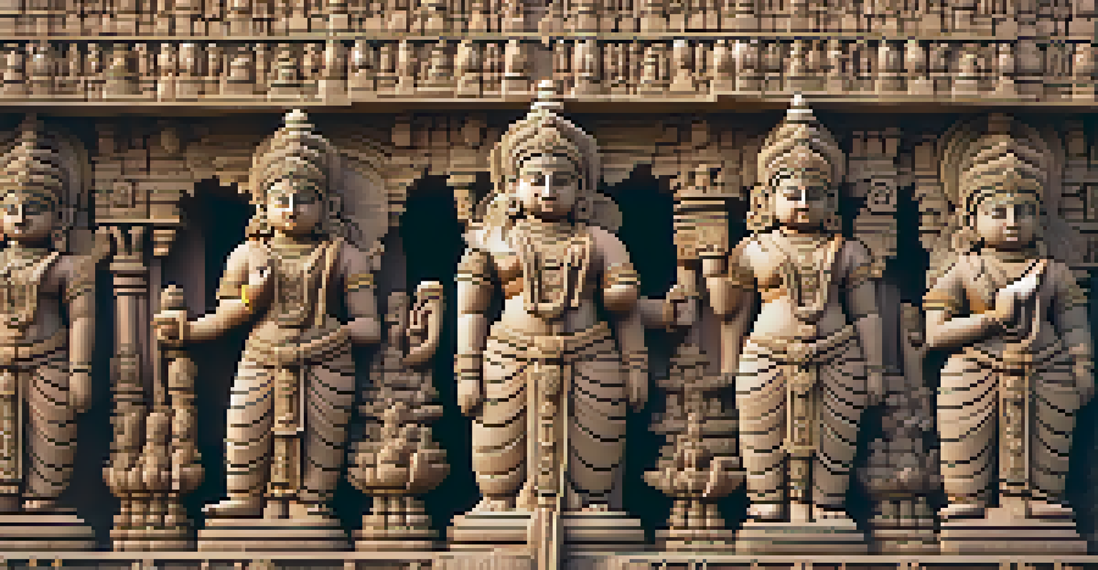 A detailed close-up of stone carvings on the Brihadeeswarar Temple, featuring sculptures of Hindu deities in warm afternoon light.