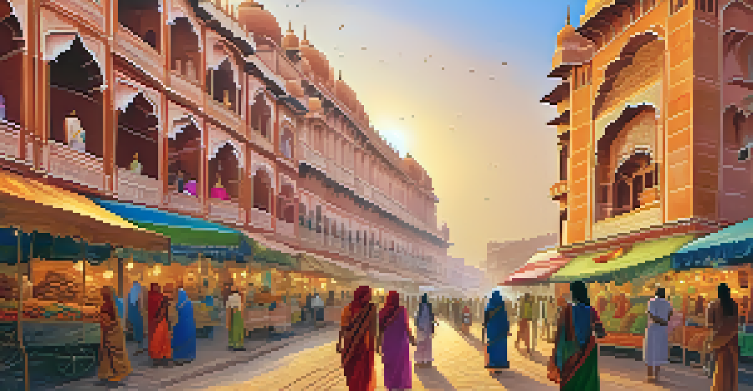 A street scene in Jaipur with Hawa Mahal in the background and vibrant local markets in the foreground.