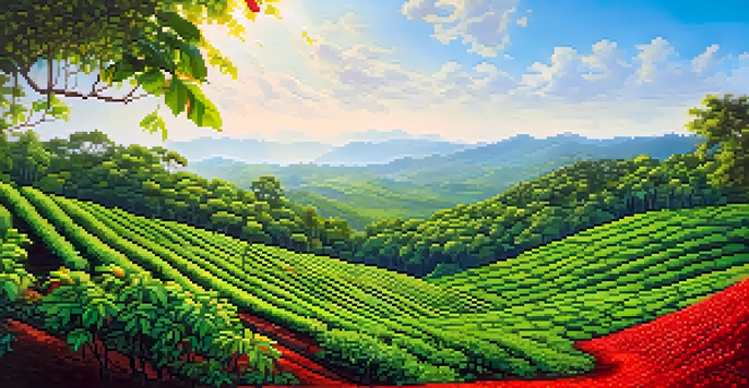 A wide view of lush green hills in Kerala's coffee plantations with red coffee cherries under a clear blue sky.
