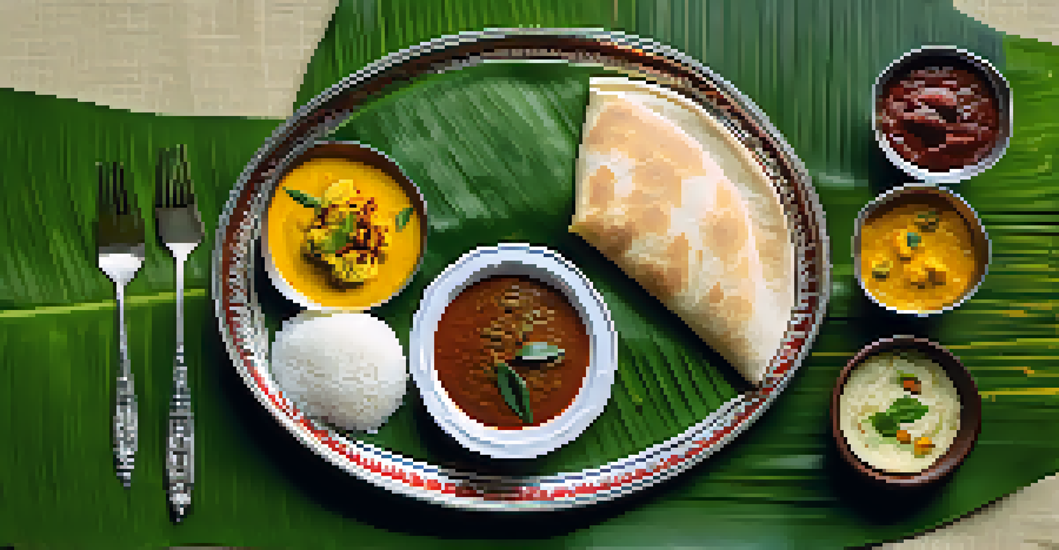 An overhead view of a South Indian breakfast plate with dosa, idli, and chutneys on a banana leaf, highlighted by natural light.