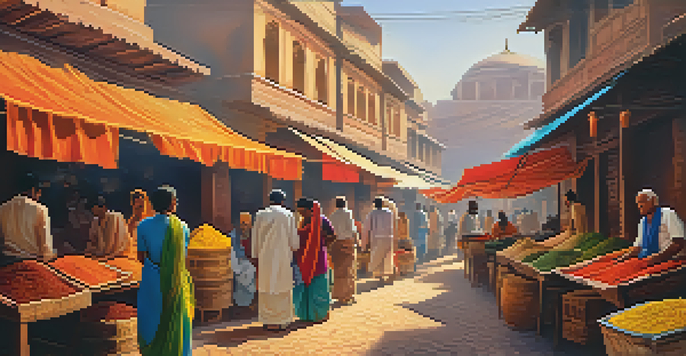 A lively Indian market filled with colorful stalls of spices, fruits, and textiles under warm sunlight.