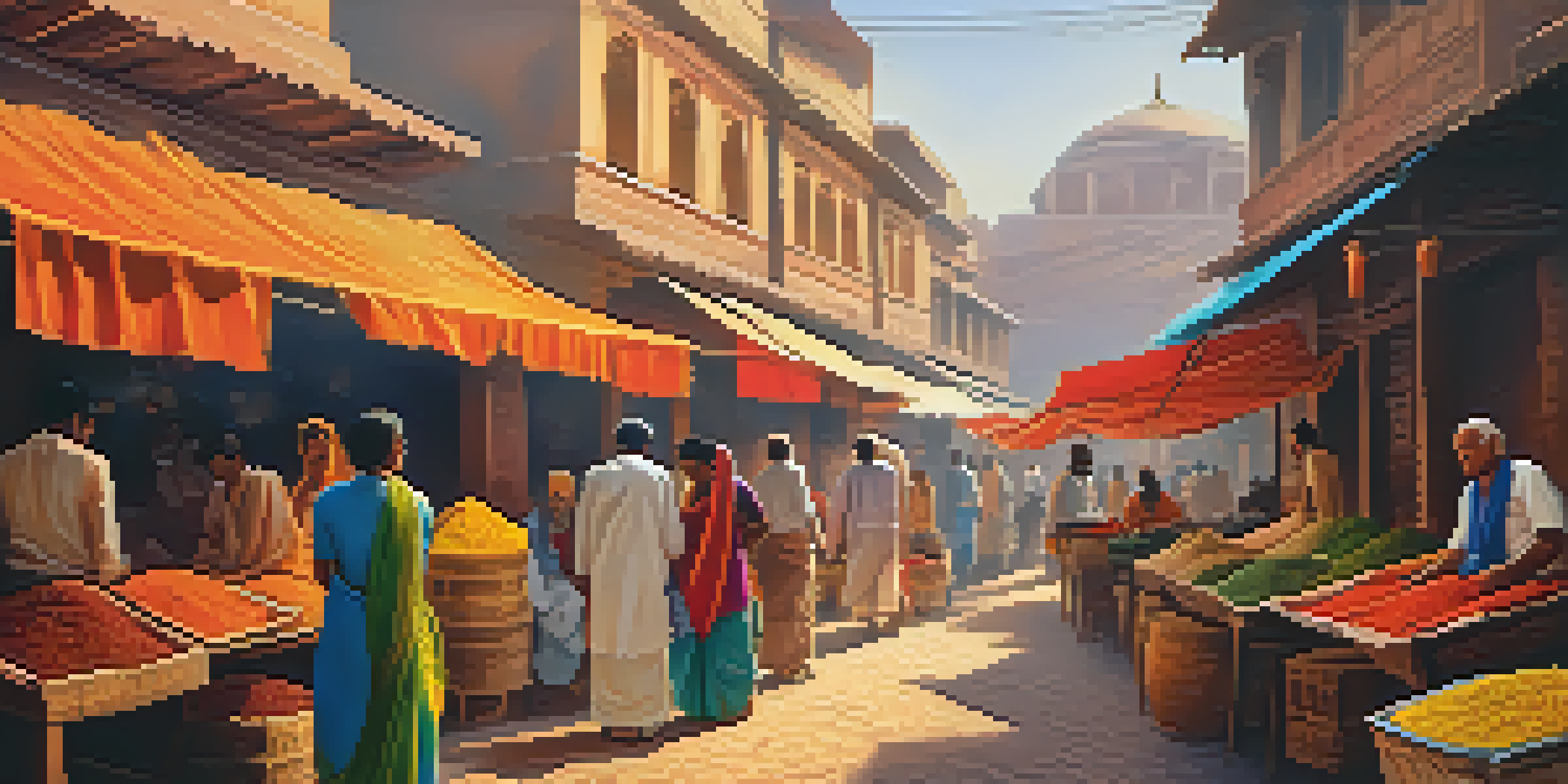 A lively Indian market filled with colorful stalls of spices, fruits, and textiles under warm sunlight.
