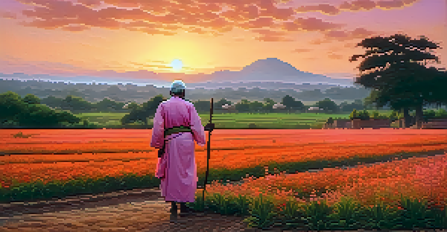 A serene rural landscape at sunset, featuring an elderly villager tending to a field of medicinal plants, highlighting cultural ties to nature.