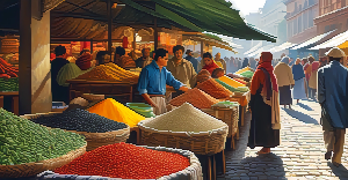 A lively market filled with colorful spices and fresh produce, with people interacting under bright fabric canopies.