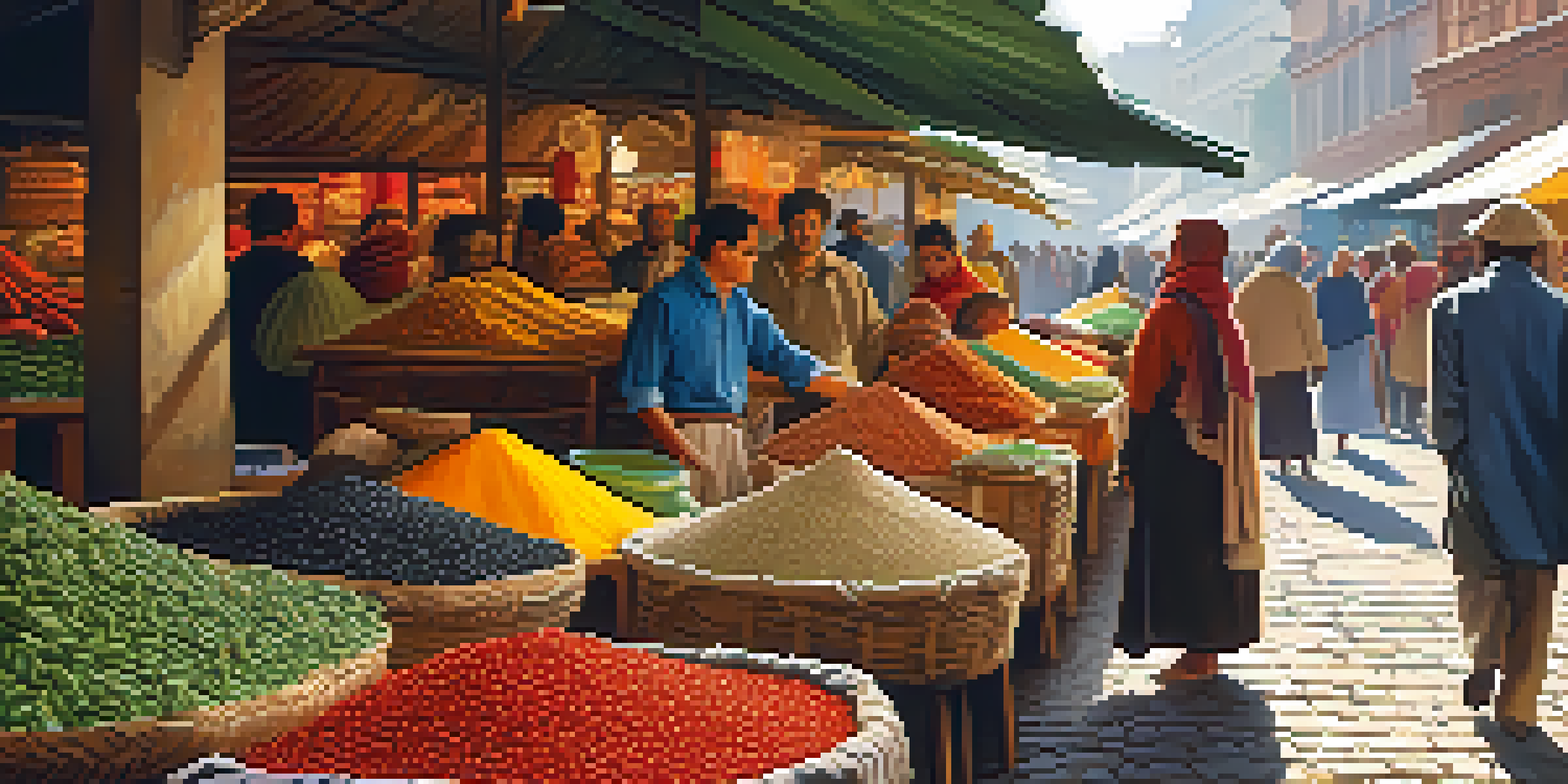 A lively market filled with colorful spices and fresh produce, with people interacting under bright fabric canopies.