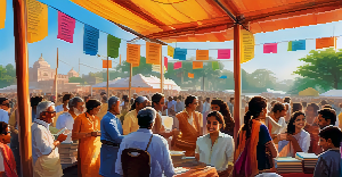 A lively literary festival in India with crowds interacting with authors and colorful banners, illuminated by warm sunlight.