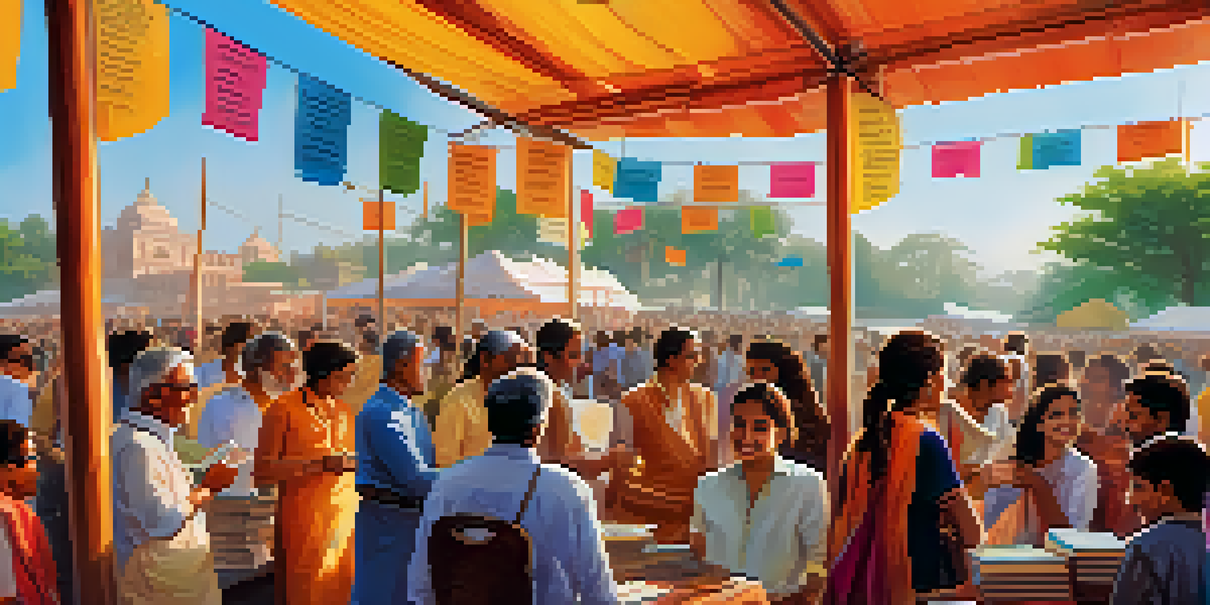 A lively literary festival in India with crowds interacting with authors and colorful banners, illuminated by warm sunlight.