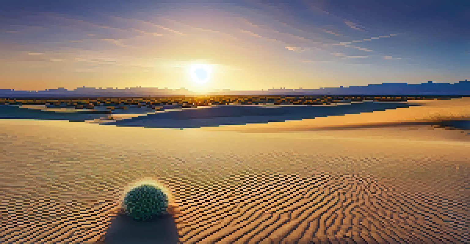 A tranquil desert landscape at golden hour, featuring sand dunes and a solitary cactus.