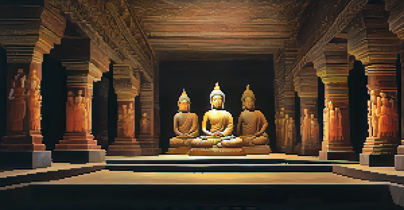 An interior view of the Ajanta Caves, showcasing intricate frescoes and sculptures in soft lighting.