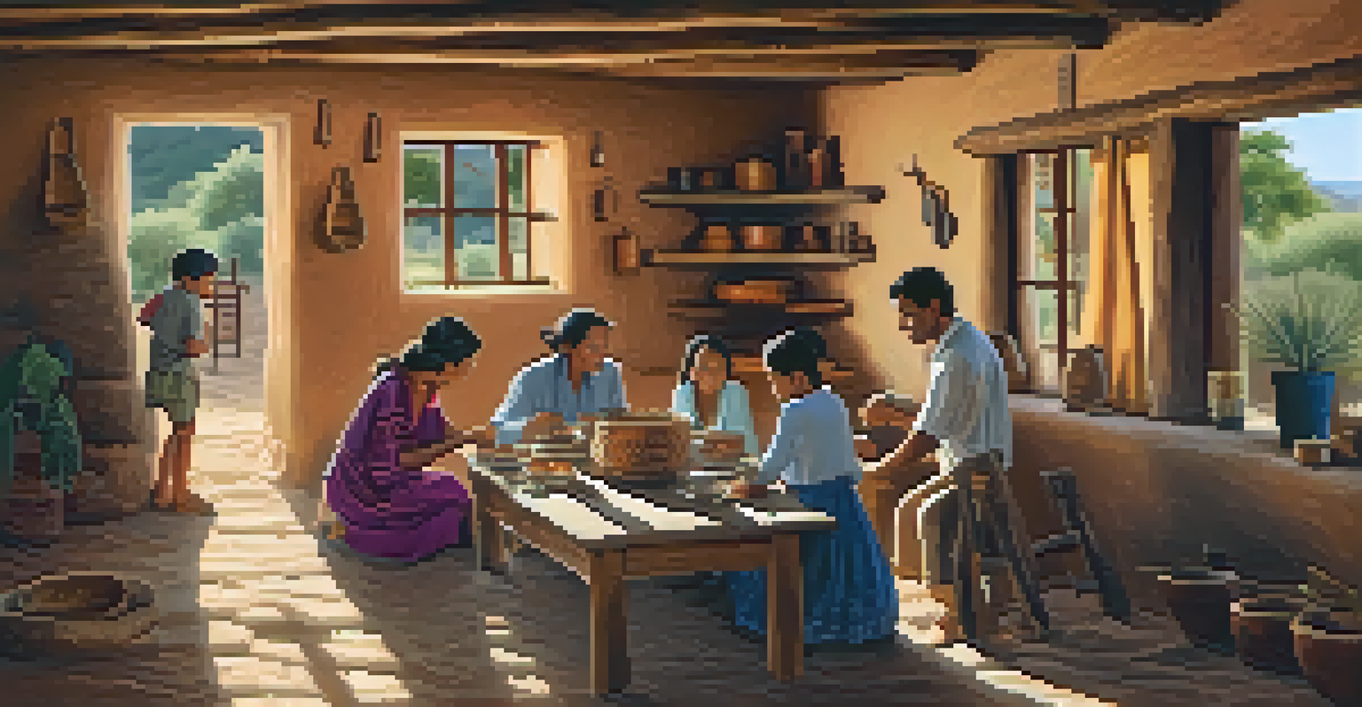 Inside a rustic adobe home with family members gathered around a wooden table, filled with natural light.