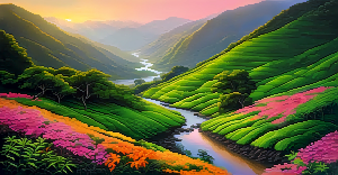 A picturesque view of the Western Ghats in India at sunrise, with travelers trekking through lush greenery and colorful flowers.