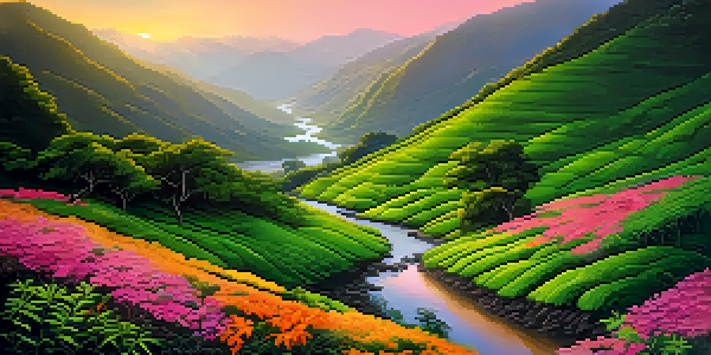 A picturesque view of the Western Ghats in India at sunrise, with travelers trekking through lush greenery and colorful flowers.