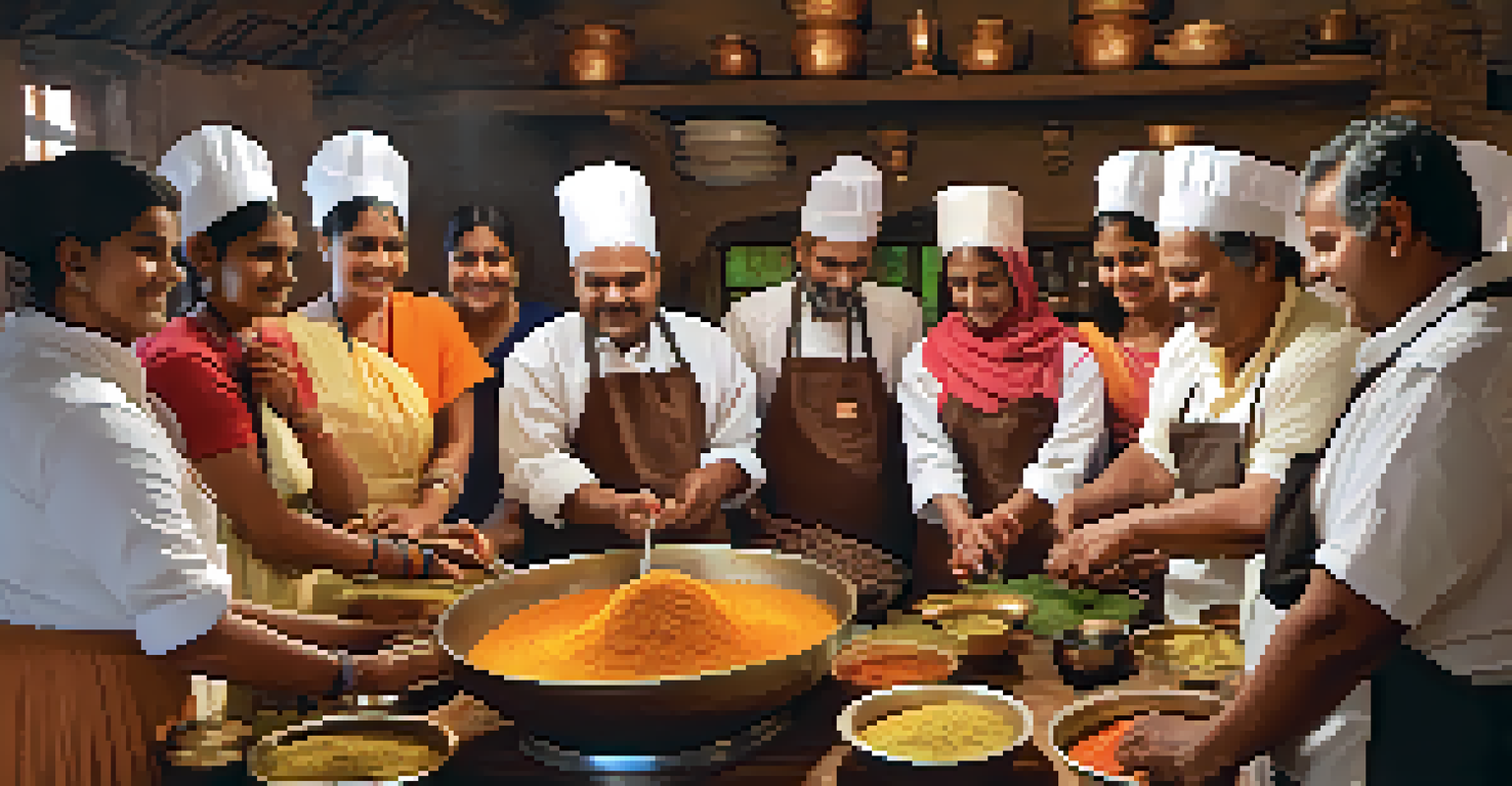 A lively cooking class in an Indian village kitchen, showcasing a local chef and participants surrounded by fresh ingredients.