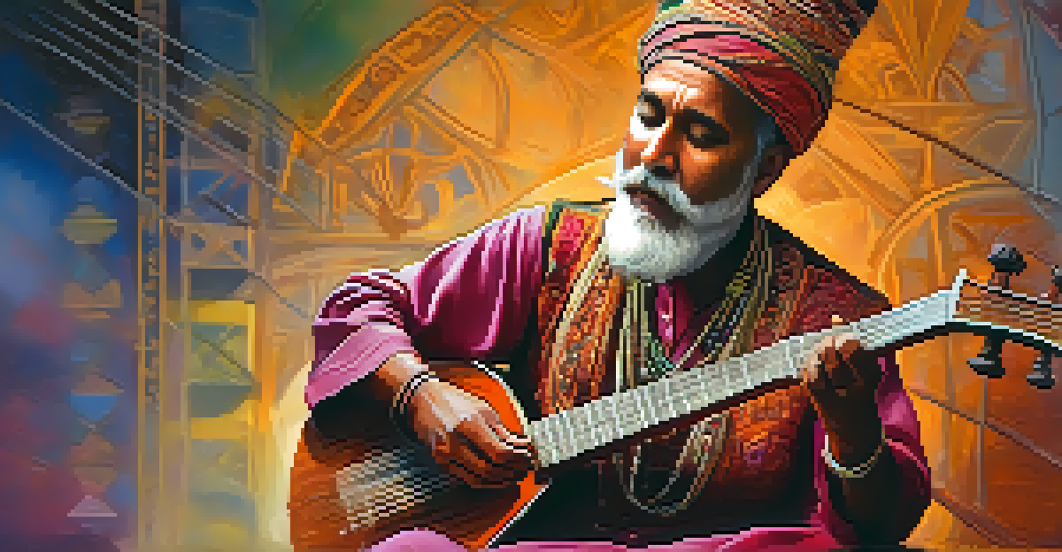 A folk musician playing the sitar on stage, showcasing their colorful traditional attire and the details of the instrument.