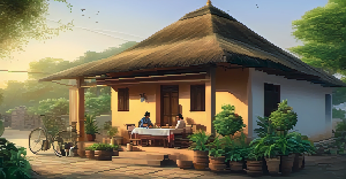 A traditional guesthouse in an Indian village with wooden beams, flower pots, and a local family dining outdoors at sunset.