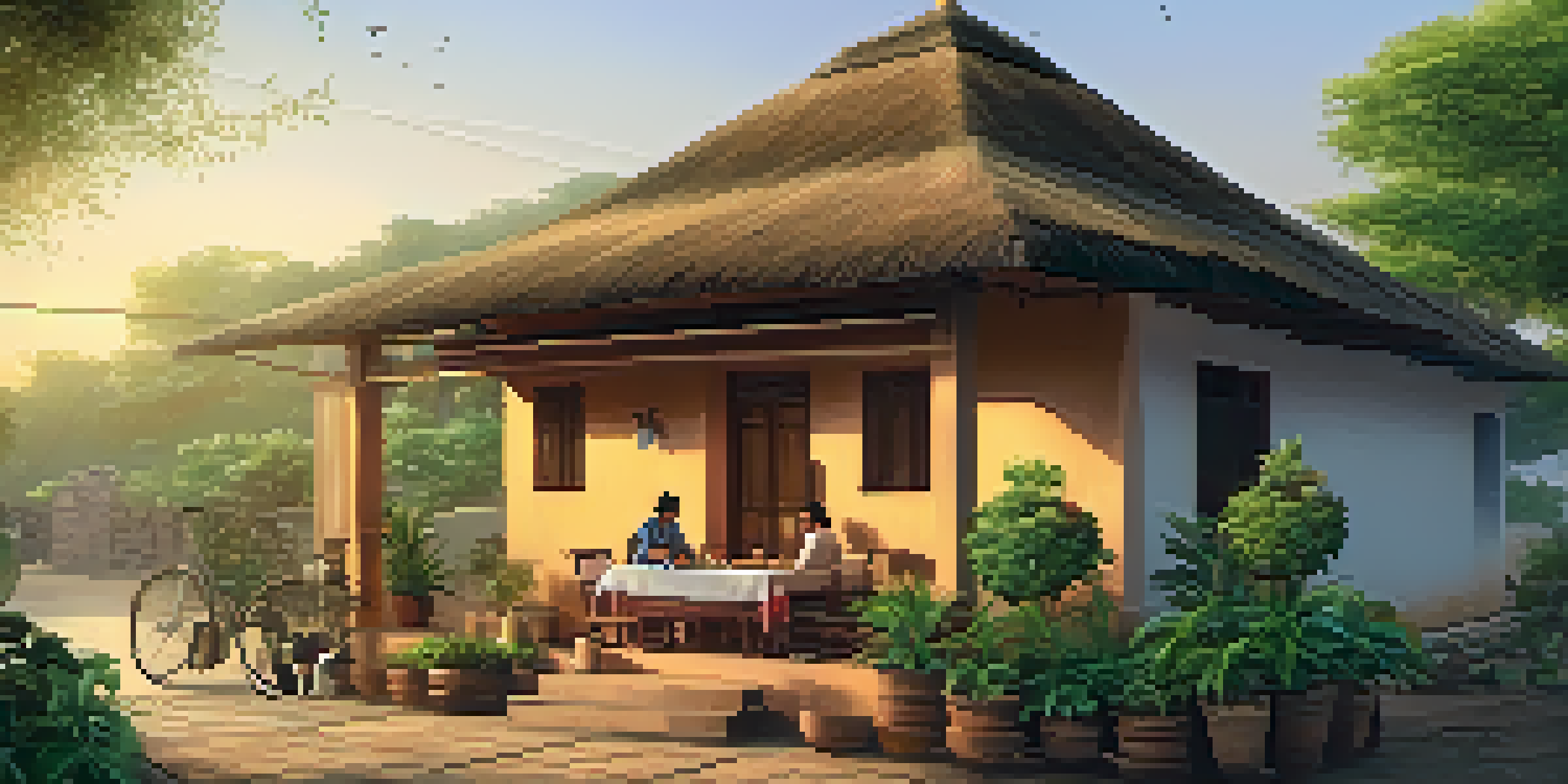 A traditional guesthouse in an Indian village with wooden beams, flower pots, and a local family dining outdoors at sunset.