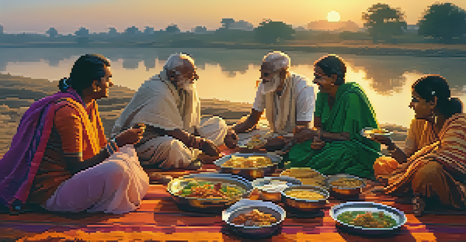 Pilgrims enjoying a communal meal by the Narmada River at sunset, surrounded by traditional Indian food.