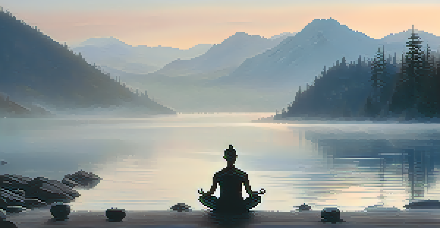 A peaceful lakeside at sunrise with mist over the water and a person practicing yoga on the shore, surrounded by mountains.